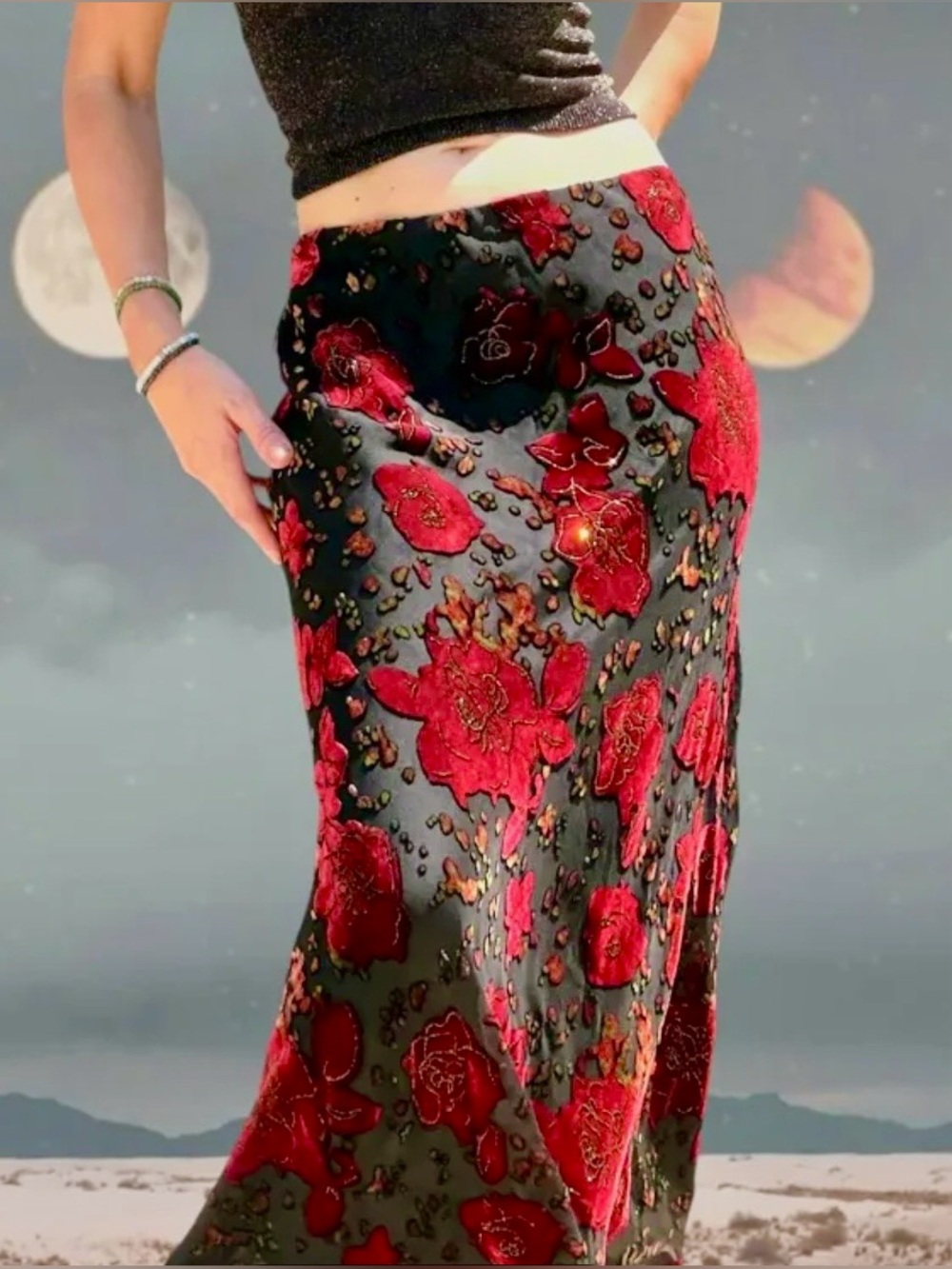 SilkLand Black Maxi Skirt with Red Floral Burnout